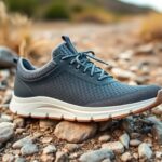 A single gray Ridgeway Xero Shoe with a white sole sits on rocky, uneven ground outdoors, surrounded by stones and dry grass—perfect for those seeking a comfort guide to natural or hiking settings.