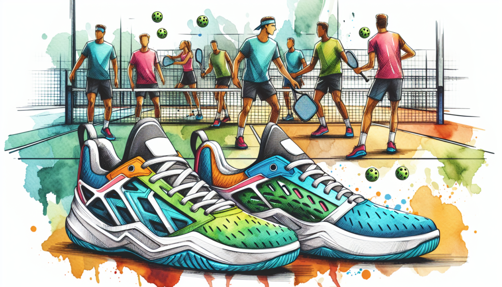 Illustration of two colorful Xero Shoes in the foreground, with a lively scene of people playing padel and pickleball on courts in the background. Several players are holding paddles, with green padel balls in the air.