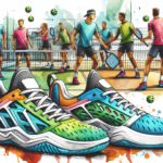 Illustration of two colorful Xero Shoes in the foreground, with a lively scene of people playing padel and pickleball on courts in the background. Several players are holding paddles, with green padel balls in the air.