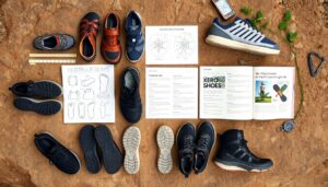 Various pairs of athletic shoes and Xero Shoes sandals are arranged on a dirt surface alongside open books, charts, a smartphone, a ruler, a compass, a carabiner, and green plant leaves—creating the perfect setting for an exploration guide.