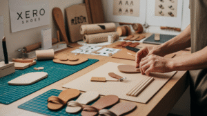 A maker assembles leather pieces for sandals on a workbench covered with crafting tools, leather materials, and sandal design samples; Xero Shoes branding is visible on the wall, reflecting the brand origins of this innovative footwear company.