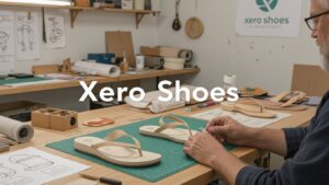 A person assembles sandals at a workbench covered with tools, materials, sandal prototypes, and design sketches, capturing the makers spirit and brand origins of Xero Shoes. "Xero Shoes" is written in large white text across the image.