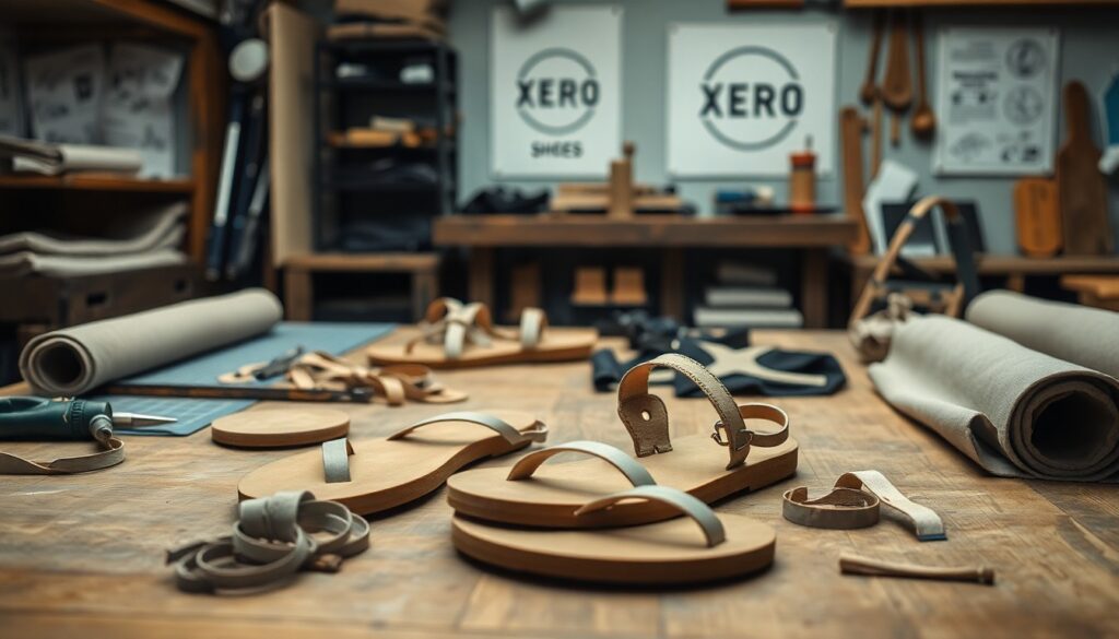 A workshop table displays unfinished sandals and leather straps, hinting at the brand origins of Xero Shoes. Rolls of fabric, tools, and patterns are scattered around as makers work beneath “Xero Shoes” posters on the back wall.
