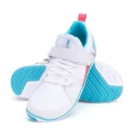 A pair of white athletic sneakers, the Forza Trainer by Xero Shoes, features light blue soles, a blue logo, and pink accents. One shoe stands upright while the other lies on its side, showcasing the tread pattern of this performance footwear.