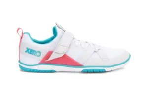 A white Forza Trainer from Xero Shoes with light blue and pink accents, a strap over the laces, turquoise sole, and "XERO" printed near the heel—sleek performance footwear for your active lifestyle.