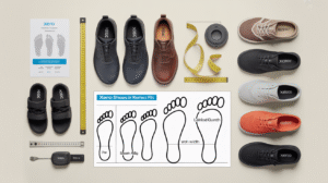A variety of Xero Shoes in different colors and styles are arranged with foot measurement charts, ruler, tape measure, and a sizing guide, highlighting the importance of achieving the perfect fit on a beige background.