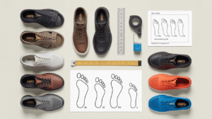 A top-down view of various Xero Shoes in different colors arranged around foot measurement tools and printed charts, illustrating a helpful Sizing Guide to ensure the perfect fit.