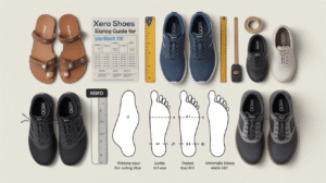 A flat lay displays different pairs of Xero Shoes, a sizing guide chart, a foot measuring guide, rulers, and outlines of feet labeled with fit instructions for the perfect fit, all set against a neutral background.