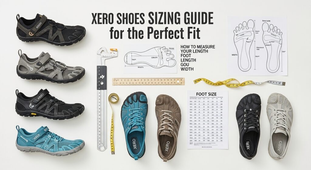 Top-down view of five pairs of Xero Shoes, measuring tools, tape measure, foot diagrams, and a foot size chart on a white surface with the text “Xero Shoes Sizing Guide for the Perfect Fit.”.
