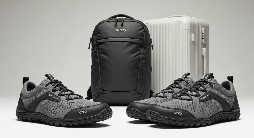 A pair of gray and black Xero Shoes—renowned as lightweight travel shoes—is placed in front of a black Xero backpack and a white hard-shell suitcase, all set against a neutral background.
