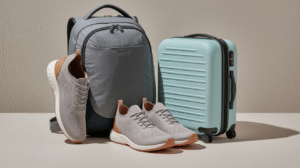 A pair of light gray Xero Shoes, designed as lightweight travel shoes, a gray backpack, and a small light blue hard-shell suitcase are arranged on a neutral-colored surface against a plain background.