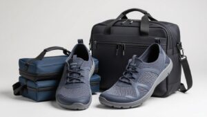 A pair of blue lightweight shoes is placed in front of two stacked navy travel cases and a black travel bag with zippers and handles, all set against a plain, light-colored background.