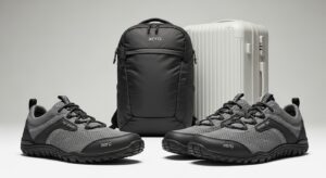 A pair of gray and black Xero Shoes—renowned as lightweight travel shoes—is placed in front of a black Xero backpack and a white hard-shell suitcase, all set against a neutral background.