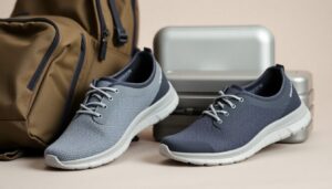 A pair of casual, lightweight travel shoes in different shades of gray are placed in front of a tan backpack and two stacked silver suitcases on a neutral background.