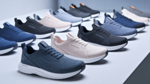 Athletic sneakers in several colors arranged on a white tabletop