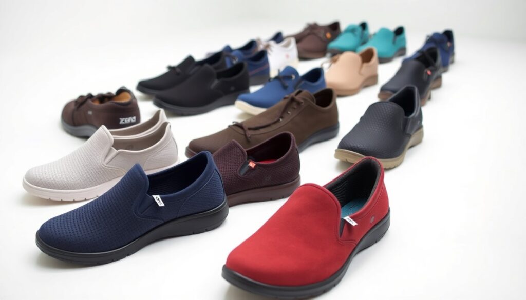 A variety of Xero Shoes slip-ons in different colors and styles—with the most cushion—are arranged in rows on a white surface. Your ultimate guide to vibrant footwear includes shades of red, blue, black, brown, beige, and teal.