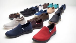 A variety of Xero Shoes slip-ons in different colors and styles—with the most cushion—are arranged in rows on a white surface. Your ultimate guide to vibrant footwear includes shades of red, blue, black, brown, beige, and teal.
