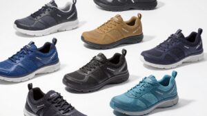 Nine pairs of athletic shoes, including styles from Xero Shoes, in black, tan, blue, navy, and teal are arranged on a white surface. Each features a white or black sole and visible brand labels for the ultimate guide in comfort and style.