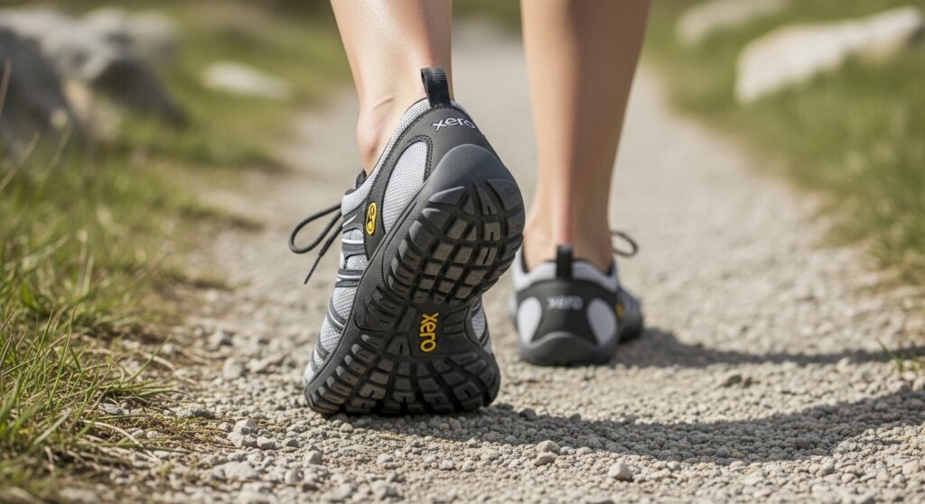 Close-up of a person’s feet wearing gray barefoot shoes walking on a gravel path outdoors, with green grass and rocks visible on either side, highlighting the unique benefits of natural movement.