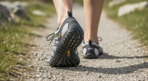 Close-up of a person’s feet wearing gray barefoot shoes walking on a gravel path outdoors, with green grass and rocks visible on either side, highlighting the unique benefits of natural movement.