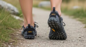 A person walking outdoors on a gravel path wears gray Xero barefoot shoes, surrounded by green grass. The photo highlights the shoes’ unique benefits and focuses on the lower legs.