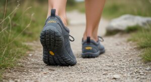 A person wearing gray Xero barefoot shoes walks on a gravel path surrounded by grass and rocks. The focus is on the shoe soles and lower legs, highlighting the unique benefits of walking naturally.