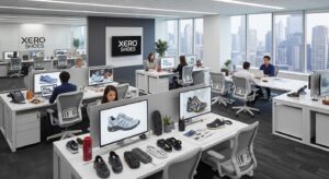 Open-plan Xero Shoes Corporate Office with large windows and a city view, where people work at desks displaying computers, shoes, and shoe soles. Xero Shoes branding is visible on the walls and computer screens.