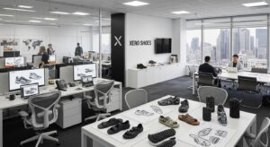 Modern corporate office space for a shoe company, with desks, computers, Xero Shoes prototypes, and design sketches on tables; large windows reveal a city skyline as several people work or hold meetings.