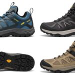 Four pairs of Xero Shoes—Scrambler Mid and Daylite Hiker—in blue, black, and tan colorways are shown from side and bottom views. These hiking shoes feature mesh and synthetic uppers, rugged soles, yellow accents, and visible brand labels.