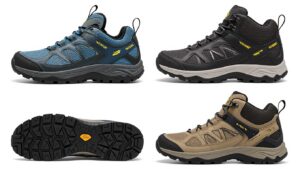 Four pairs of Xero Shoes—Scrambler Mid and Daylite Hiker—in blue, black, and tan colorways are shown from side and bottom views. These hiking shoes feature mesh and synthetic uppers, rugged soles, yellow accents, and visible brand labels.