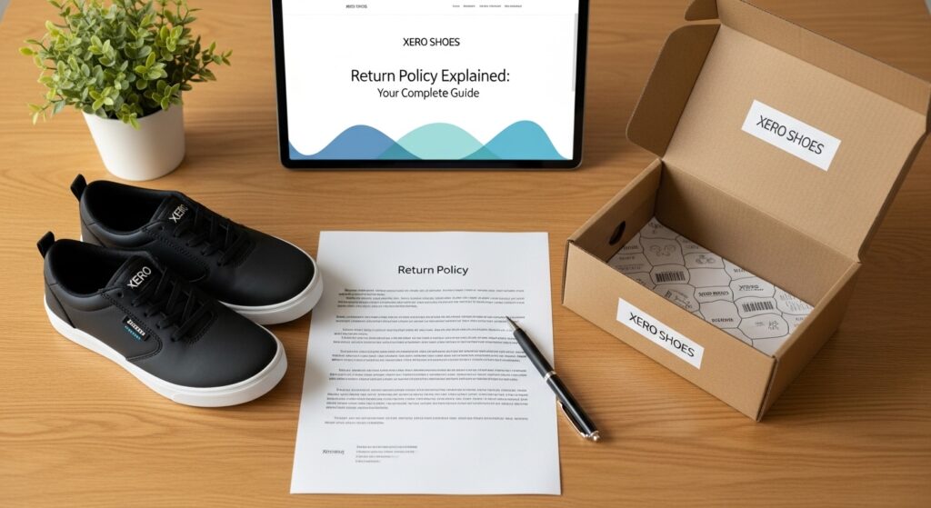 A pair of black Xero Shoes, a return policy guide with a pen, an open Xero Shoes box, and a tablet displaying "Return Policy Explained" are arranged on a wooden desk beside a small potted plant.