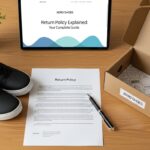 A pair of black Xero Shoes, a return policy guide with a pen, an open Xero Shoes box, and a tablet displaying "Return Policy Explained" are arranged on a wooden desk beside a small potted plant.