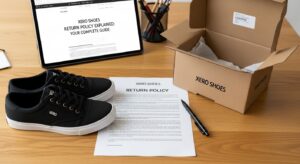 A pair of black Xero Shoes, a return policy document, a pen, an open Xero Shoes box, and a tablet displaying a Return Policy guide are neatly arranged on a wooden desk.