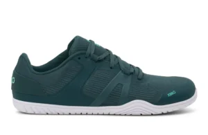 Xero 360 Rally barefoot court shoe in forest green colorway showing stability wings and mesh upper