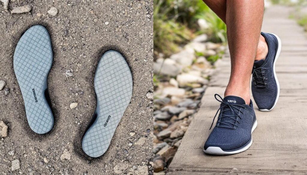 A pair of gray insoles with a diamond pattern lies on dirt, shown on the left. On the right, a person in dark blue barefoot shoes with "Xero" branding walks on a wooden path outdoors.