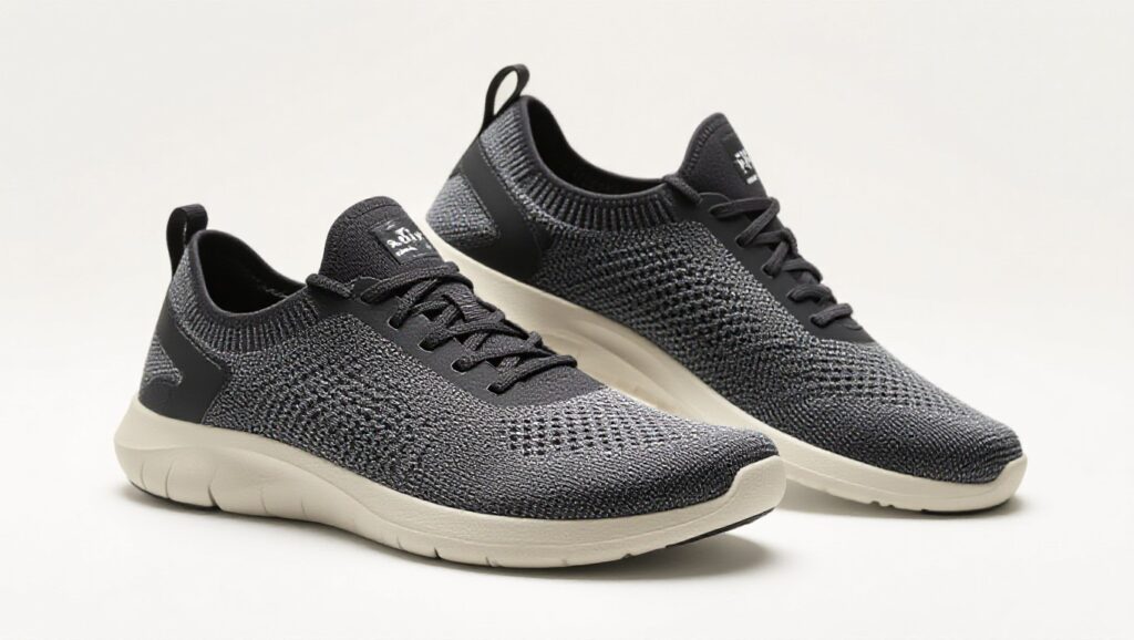 A pair of black and gray Xero Shoes Nexus Knit athletic sneakers with white soles are positioned side by side on a plain white background. The shoes have a knitted mesh upper, lace-up design, and minimalist footwear construction.