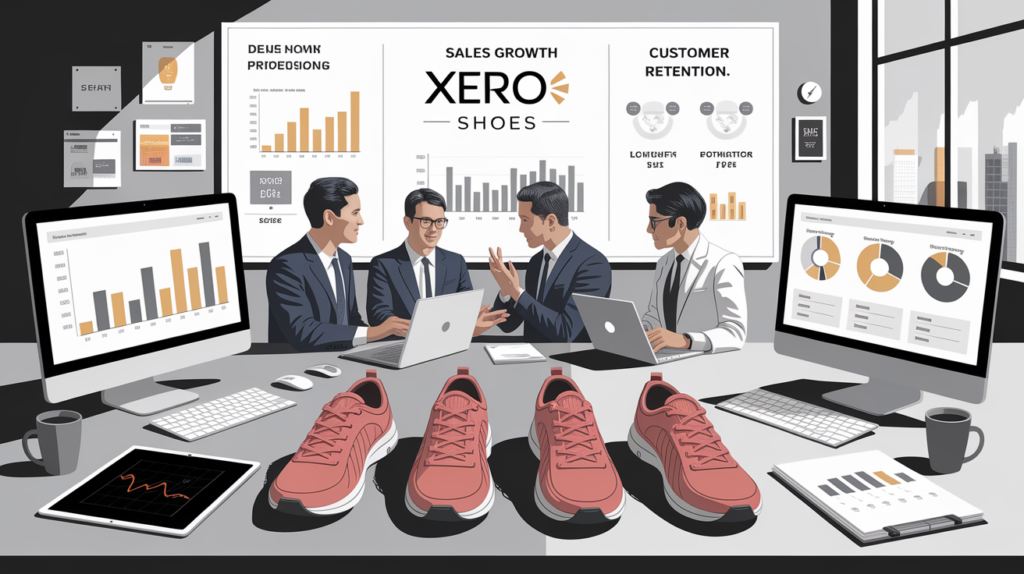 Four men in business attire meet in a modern office. Charts and graphs display sales strategies and customer data. Three pairs of red Xero Shoes are on the table in front of them as they discuss ways to increase revenue.