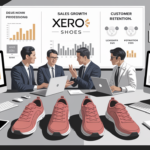 Four men in business attire meet in a modern office. Charts and graphs display sales strategies and customer data. Three pairs of red Xero Shoes are on the table in front of them as they discuss ways to increase revenue.