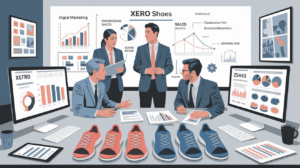 Four business professionals discuss data in an office with charts, graphs, and Xero Shoes samples on the table. Monitors display marketing and sales strategies to increase revenue, while a presentation is projected on the wall.