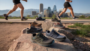 Two people jog on a paved path in front of the Denver skyline while six pairs of Xero Shoes minimalist footwear are displayed on rocks and gravel in the foreground, with mountains rising in the background.