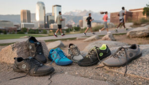 Five pairs of Xero Shoes minimalist footwear are displayed on rocks in the foreground, while people jog and walk along a path in Denver’s city park with tall buildings and mountains in the background.