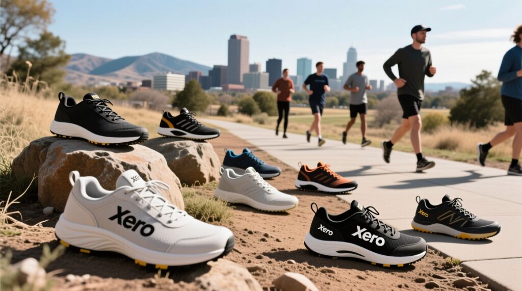 Several pairs of Xero Shoes minimalist footwear in various colors are displayed on rocks and grass near a paved path in Denver, with people jogging in the background against a city skyline and mountain backdrop.