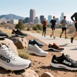Several pairs of Xero Shoes minimalist footwear in various colors are displayed on rocks and grass near a paved path in Denver, with people jogging in the background against a city skyline and mountain backdrop.