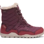 A maroon Xero Winter Boot with quilted fabric, Alpine-inspired faux fur lining at the top, laces, and a beige rubber sole. The side features "XERO" branding near the heel and “WATERPROOF” text near the top.