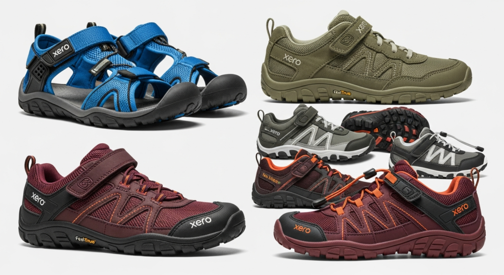 Five pairs of Xero Shoes for Kids are displayed on a white background: one blue sandal and four athletic shoes in green, gray, burgundy, and burgundy with orange accents—highlighting both comfort and safety benefits for young feet.