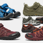 Five pairs of Xero Shoes for Kids are displayed on a white background: one blue sandal and four athletic shoes in green, gray, burgundy, and burgundy with orange accents—highlighting both comfort and safety benefits for young feet.