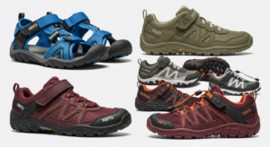 Five pairs of Xero Shoes for Kids are displayed on a white background: one blue sandal and four athletic shoes in green, gray, burgundy, and burgundy with orange accents—highlighting both comfort and safety benefits for young feet.