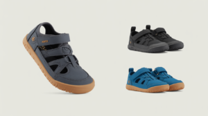 Three pairs of Xero Shoes for Kids are displayed on a plain background: navy blue with a tan sole, black, and bright blue with a tan sole. All feature closed toes and adjustable straps for enhanced safety and comfort benefits.