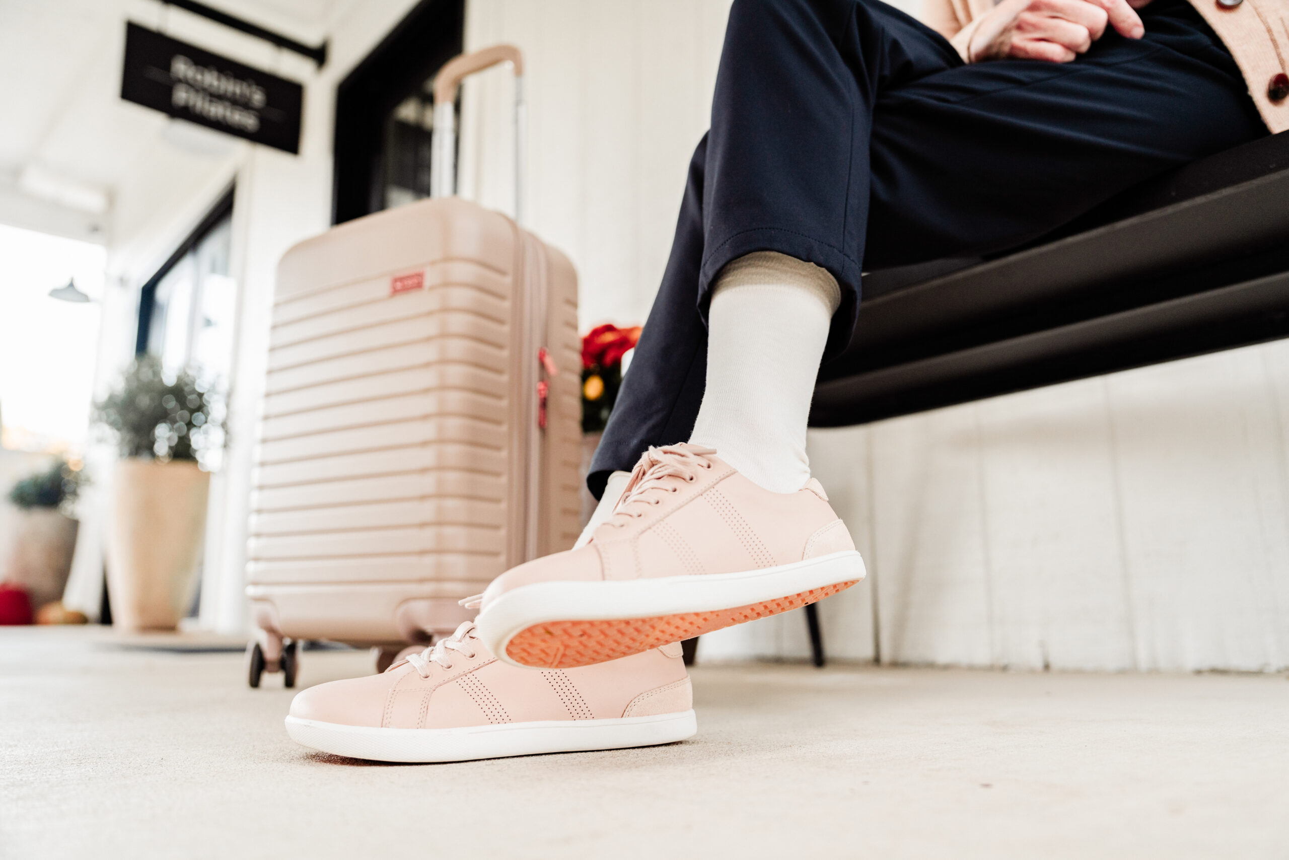 Xero Shoes Dillon Leather tan lifestyle photo with luggage