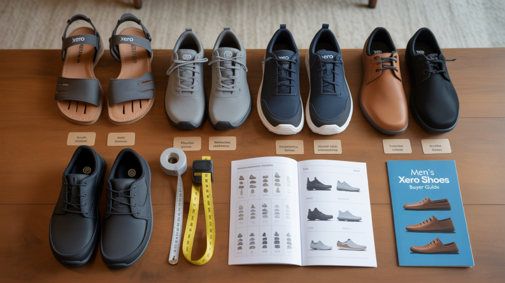A wooden table displays five pairs of Men's Xero Shoes in various styles and colors, size measuring tools, shoe labels, an open catalog showing shoe options, and a closed blue men's shoe buyer guide.